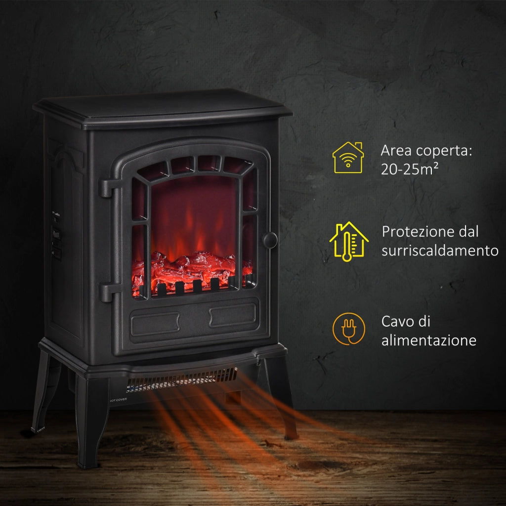 EasyComfort Camino Elettrico con Effetto Fiamma, Temperatura Regolabile 1000W-2000W, Copertura 20-25m², 39x24x56.5cm, Nero
