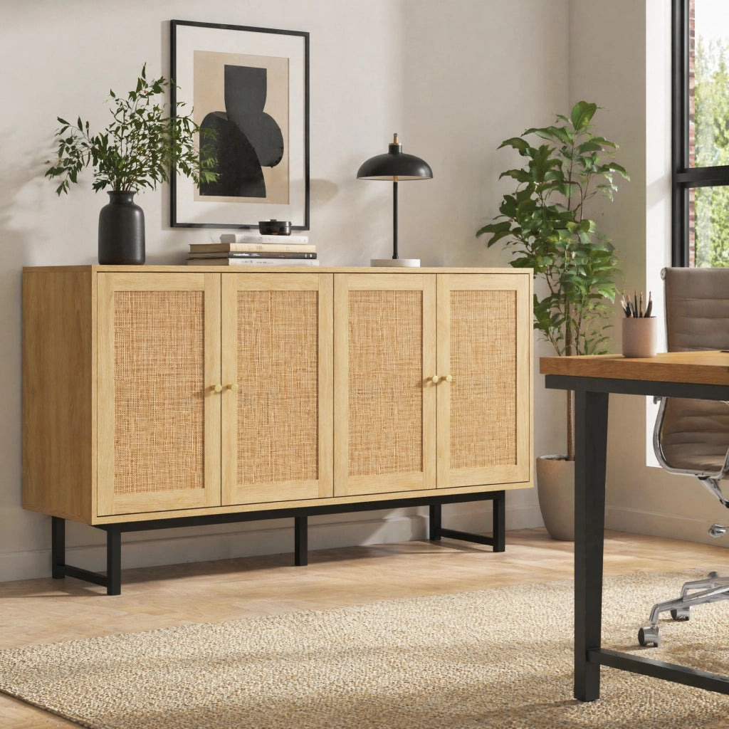 MADIA 140x39,5x80 cm in effetto legno con 4 ante e rattan vero