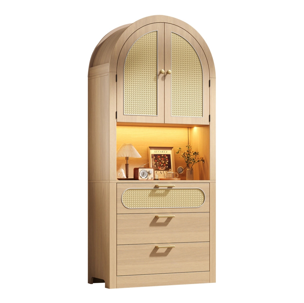 Credenza 80x35x180 cm con LED regolabile e ante in rattan; MDF e truciolare; bianco e naturale