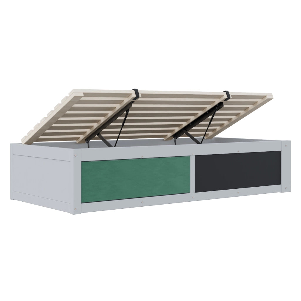 Letto Singolo in Legno 90x200 cm per Bambini Grigio con Contenitore Idraulico e Lavagna