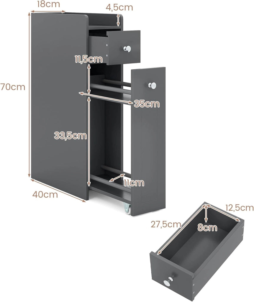 Mobile ausiliario da bagno stretto, armadio sottile per WC con 2 cassetti, 40 x 18 x 70 cm, organizer per bagno, cucina, soggiorno (grigio)
