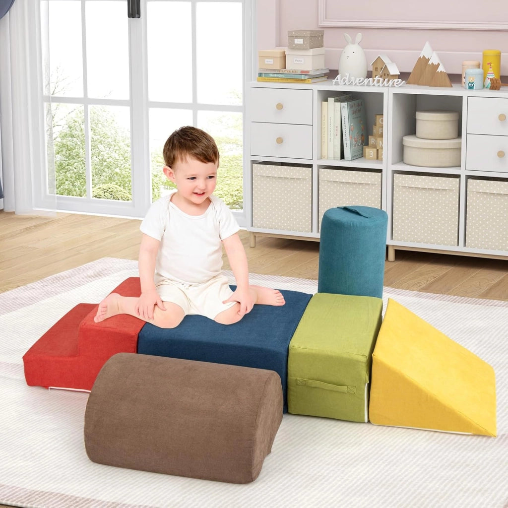 Set di 6 Blocchi di Arrampicata per Bambini, Set di Costruzioni Morbide con Tessuto Ciniglia, Mattoncini in Spugna ad Alta Densità con Maniglie, Ostacoli per Scalare per 1-3 Anni (Multicolore)