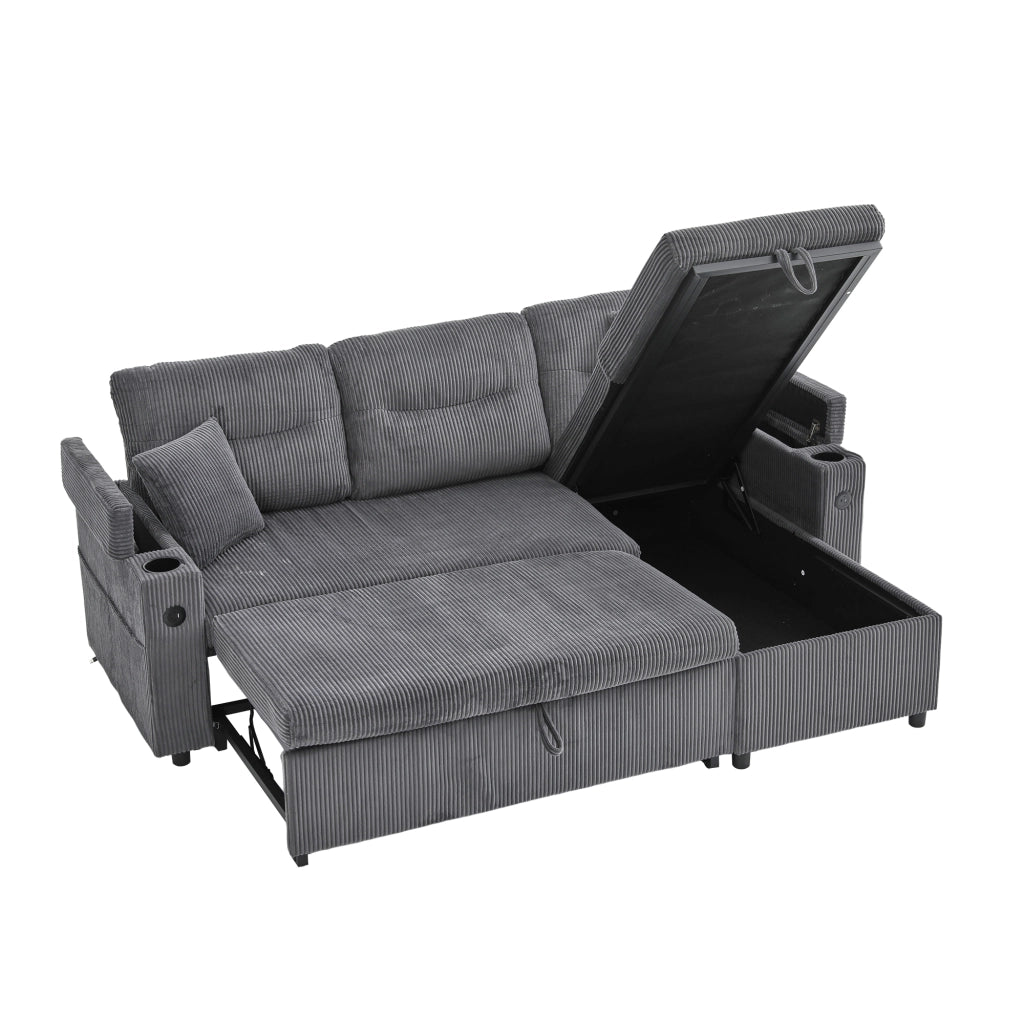 Divano letto 3 posti in velluto a coste grigio con chaise longue contenitore, USB-C e portabicchieri
