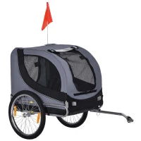 Rimorchio Bici per Cani Taglia Media con Finestre Laterali e Bandierina, 130x73x90 cm, Grigio e Nero