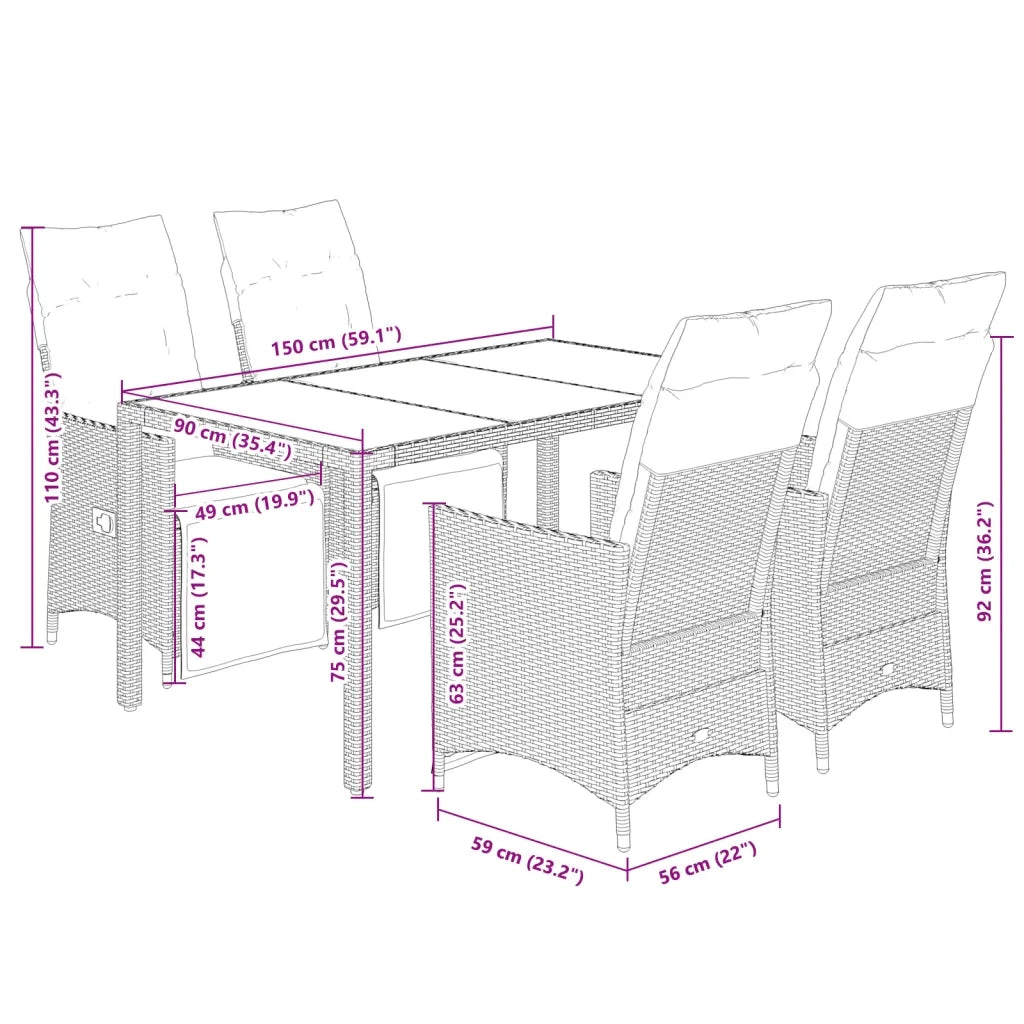 Set da Pranzo da Giardino 5 pz Nero con Cuscini in Polyrattan 3276865