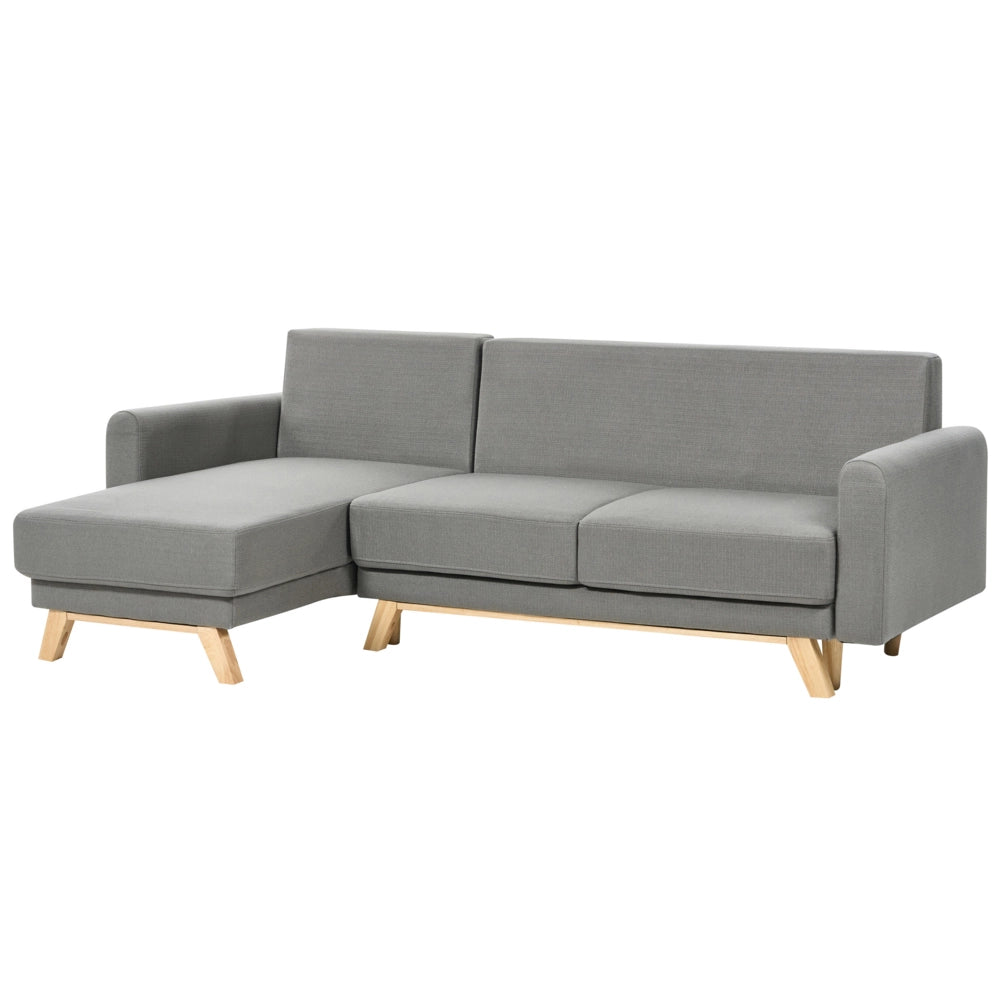 Divano angolare 3 posti destro imbottito in tessuto beige con funzione di dormiente e schienale imbottito estraibile Gambe in legno