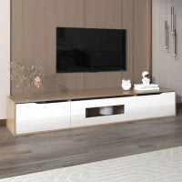 Mobile TV Moderno in Bianco Lucido e Legno, Illuminazione LED a Cambio Colore, 180x35x30 cm, Bianco