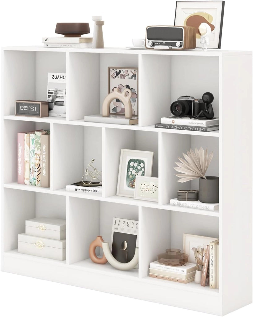 Libreria Aperta con 10 Scomparti, Libreria a 3 Livelli con Dispositivo Antiribaltamento, Mobile di Stoccaggio, Scaffale per Soggiorno, Ufficio (Naturale, 120 x 24 x 104 cm)