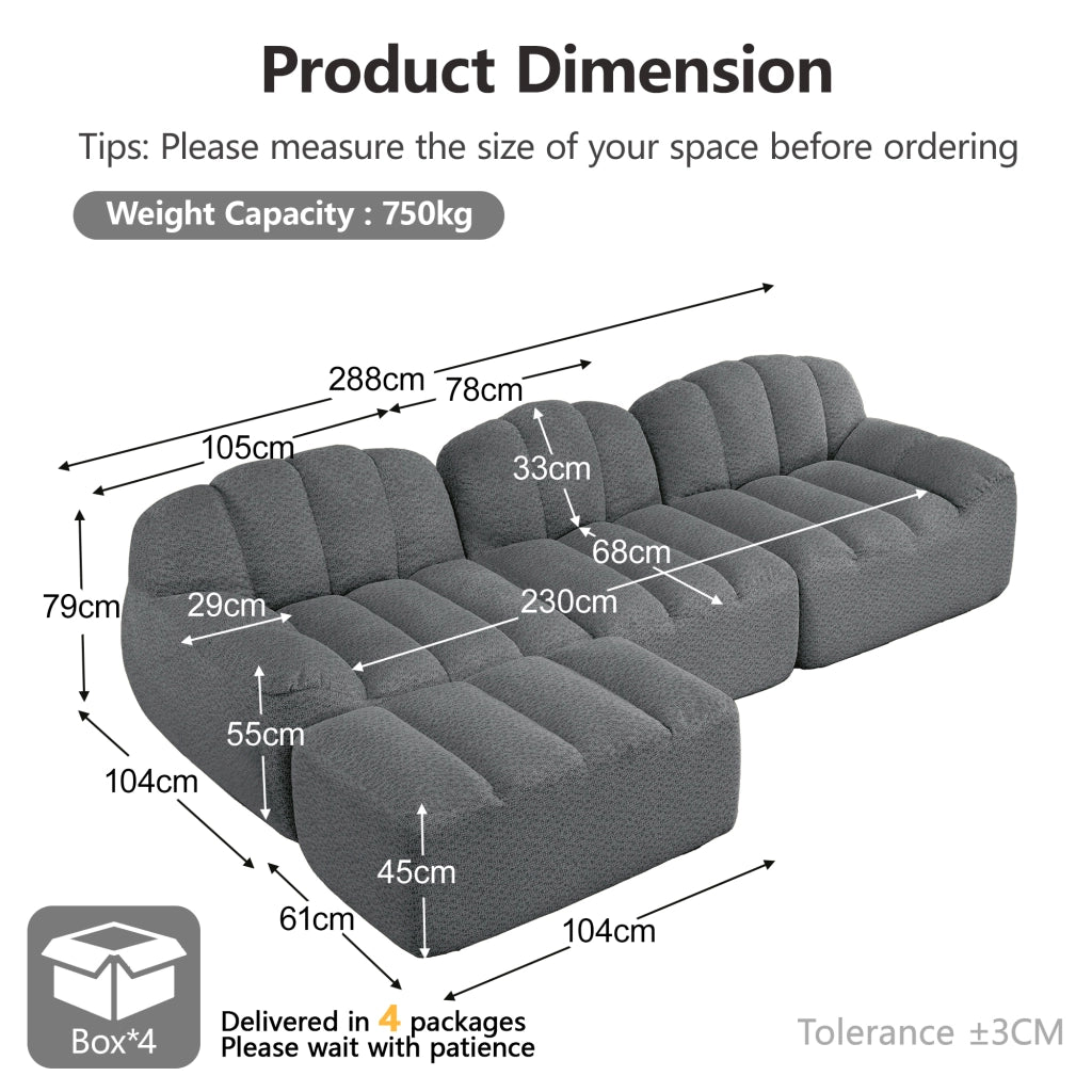 Divano angolare modulare 3 posti con pouf, schienale ergonomico e seduta ampia in fleece grigio 288 × 165 × 79 cm