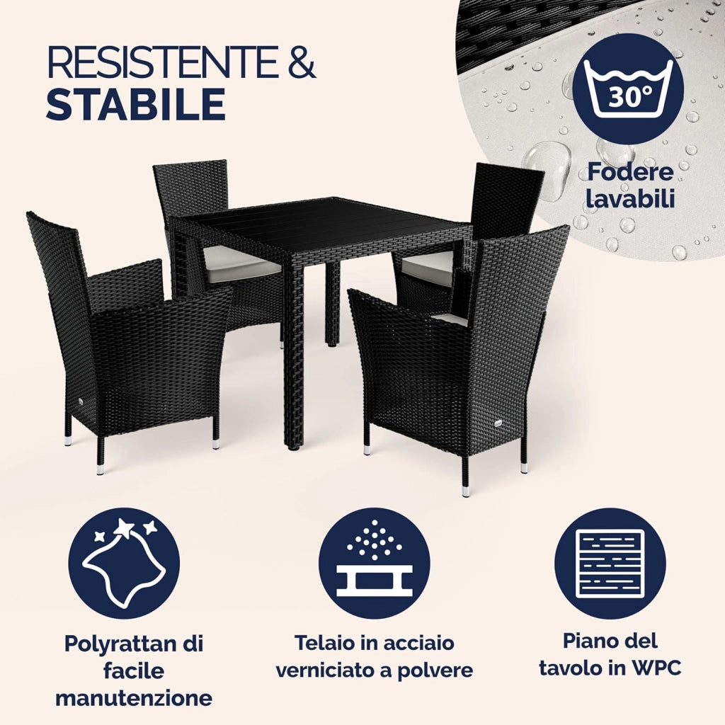 ® Mobili da Giardino in Polyrattan 4 Sedie Impilabili Tavolo 90x90cm in WPC Legno Resistente Terrazzo Balcone Set da Pranzo per Esterno Nero