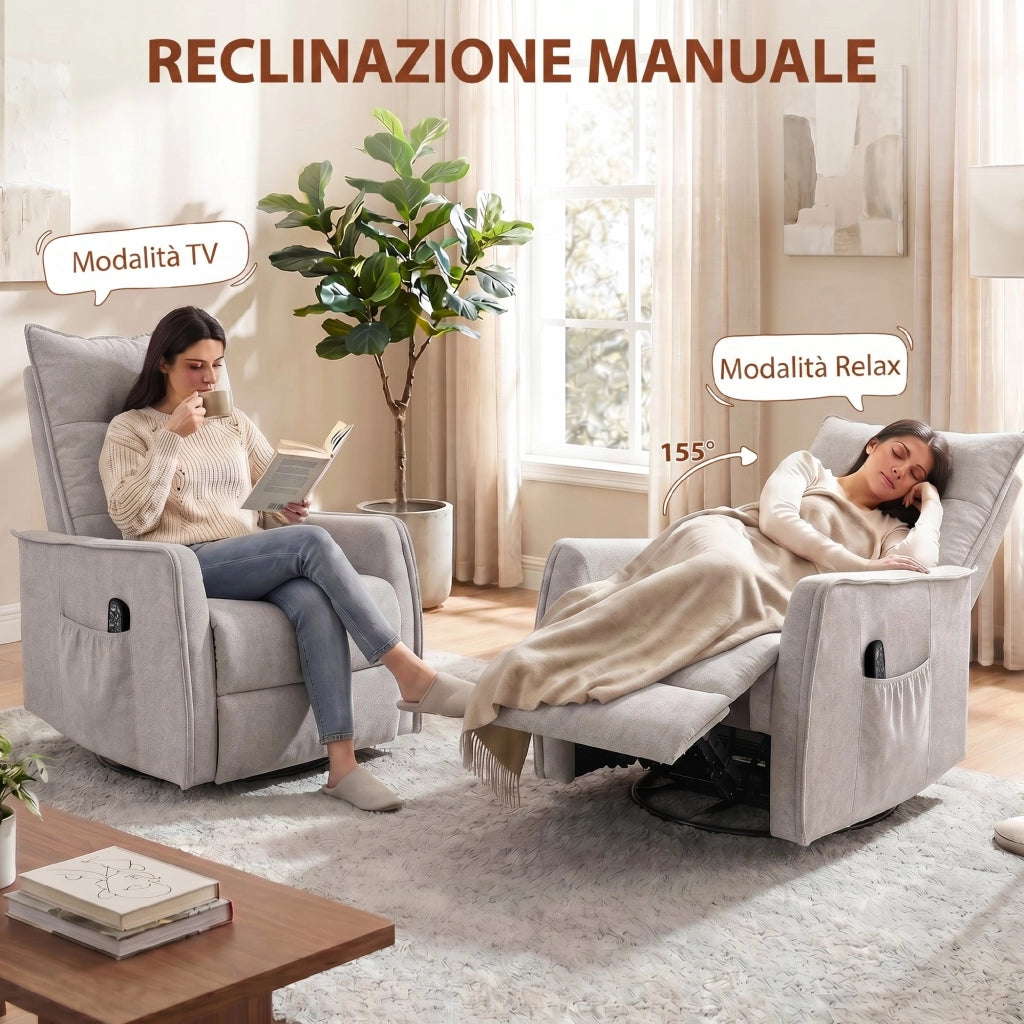 Poltrona Relax Massaggiante  71x93x99 cm Reclinabile con Telecomando e Poggiapiedi in Ciniglia Grigio Chiaro