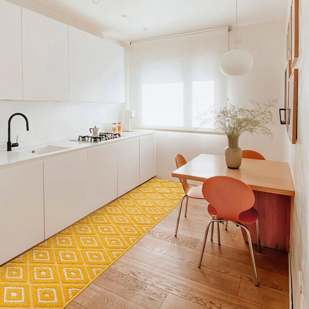 Tappeto Casa Cucina Rombi 3D 50X80 Cm Bordato Moderno Assorbente Antiscivolo Giallo