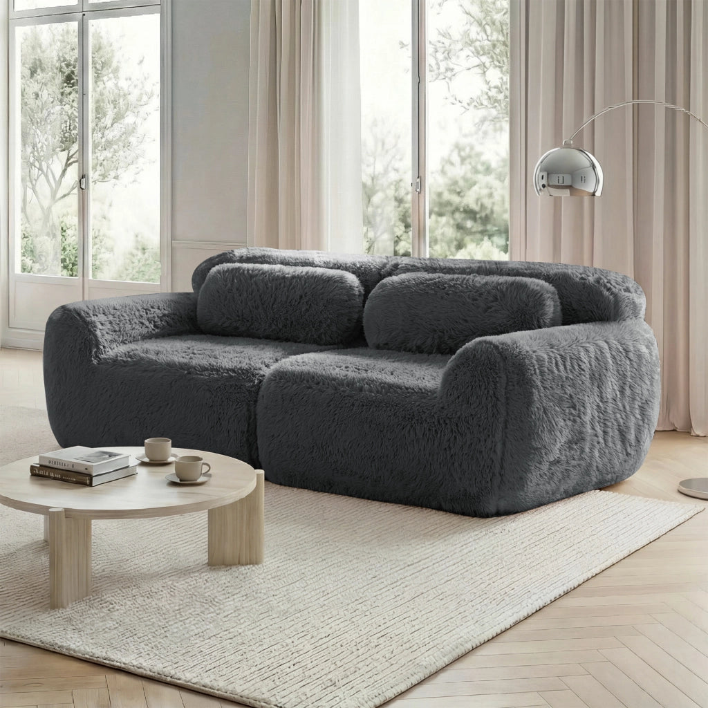 Divano Modulare 2 Posti Senza Struttura con Cuscini; Seduta Ampia; Base Antiscivolo in Peluche Grigio