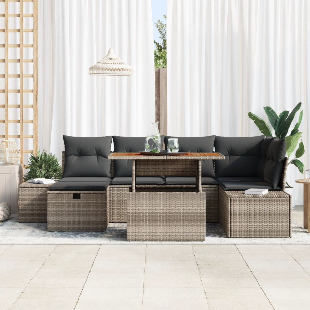 Set 7 Pezzi Pranzo Giardino con Cuscini Grigio Rattan Polimerico Acacia