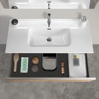 Mobile bagno sospeso 100 cm rovere miele con lavabo e specchio tondo Master
