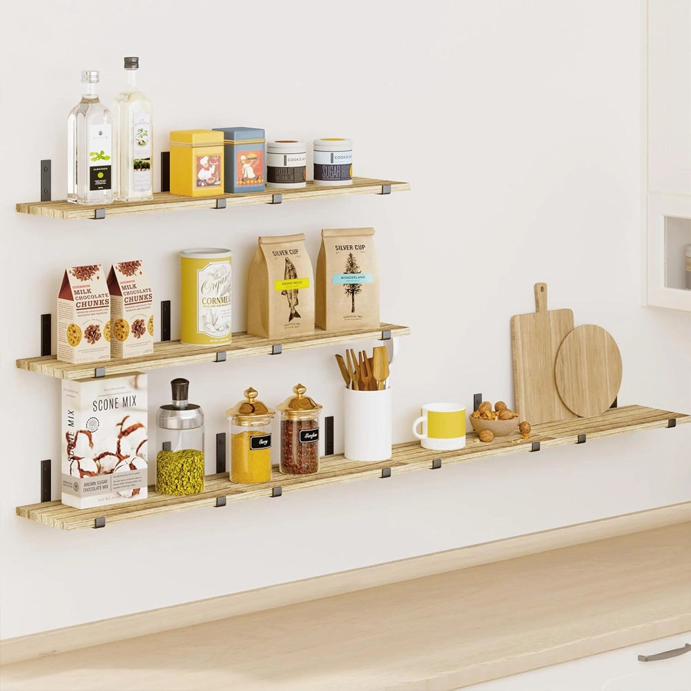 Set 8 Mensole da Parete in Legno Rovere Staffe Nero Scaffalatura da Muro 40x15cm