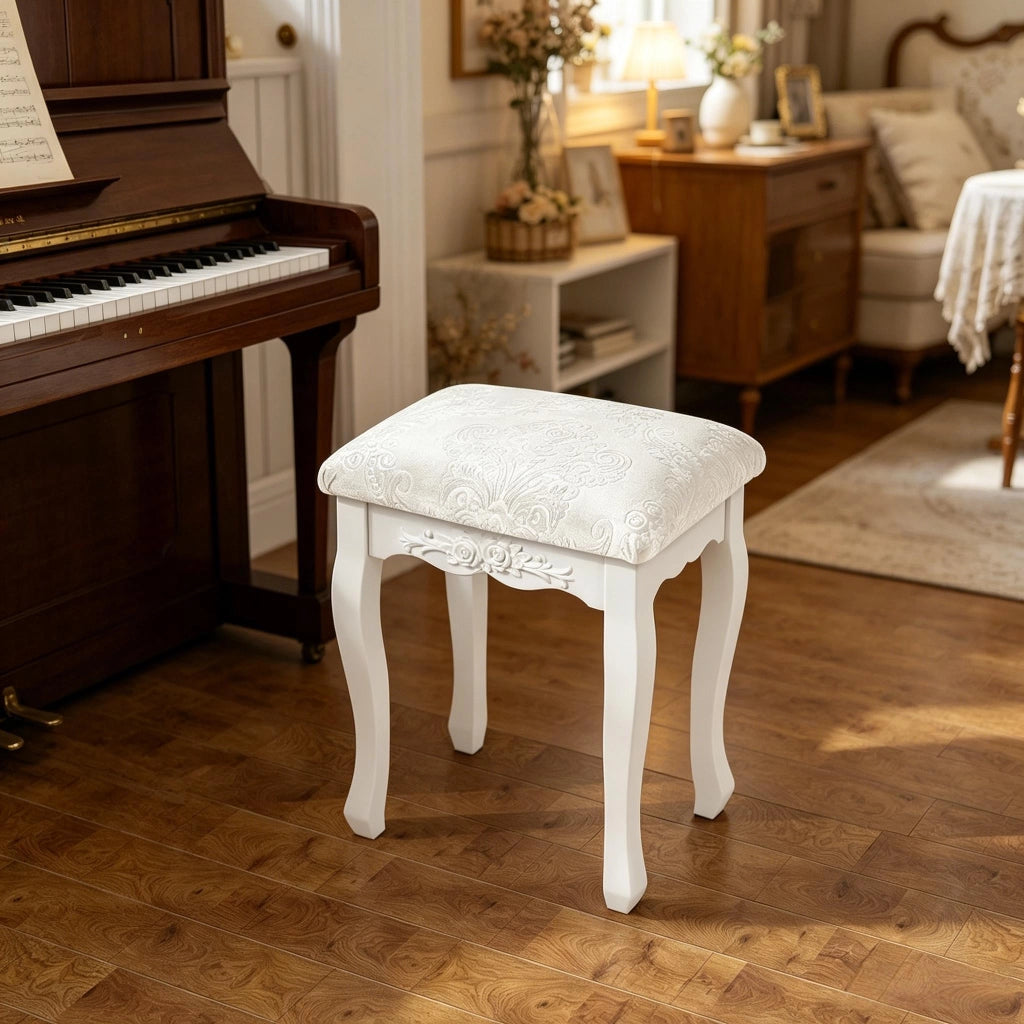 Pouf da toeletta vintage con seduta imbottita, piedini antiscivolo e montaggio facile in MDF e plastica, bianco crema