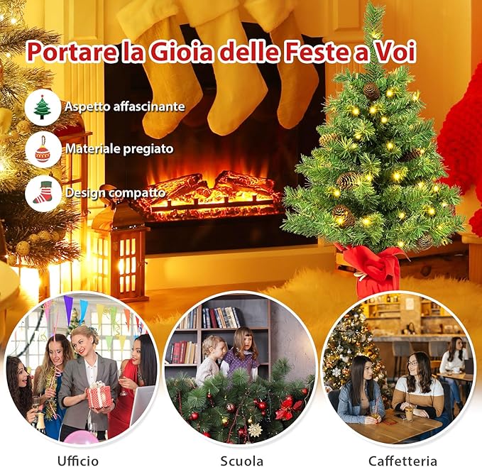 Albero di Natale Piccolo 64 cm con Luci, Mini Albero di Natale da Tavolo con 50 Luci LED 8 Modalità di Illuminazione 8 Pigne e Base in Cemento, Albero Artificiale Piccolo da Casa Ufficio