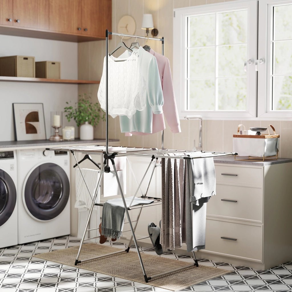 Stendibiancheria Pieghevole con Ali Regolabili e Portascarpe ¨C Xylo ¨C Acciaio Inox 156,5x68x192cm Argento