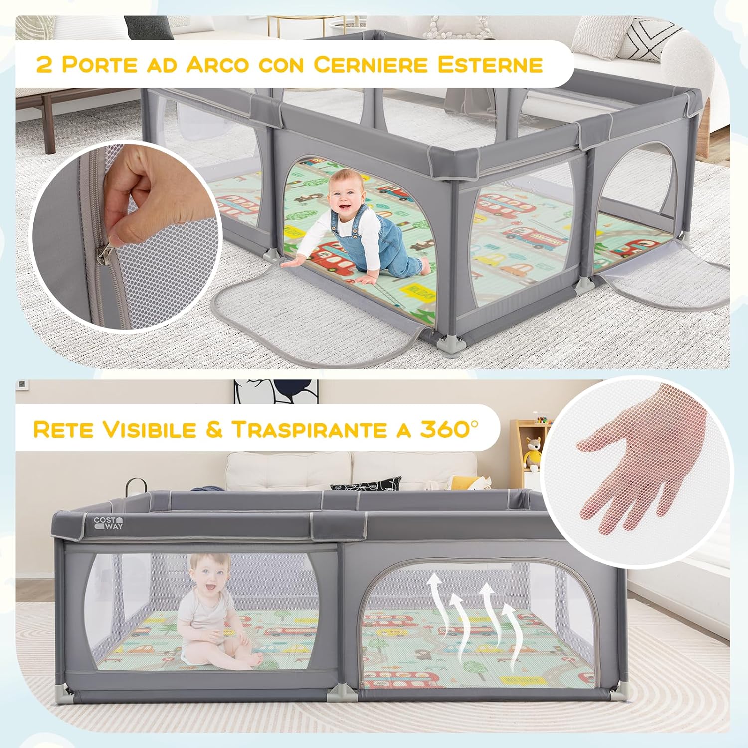 Recinto per Bambini con Materasso, Box per Bambini con Tappetino, Rete Traspirante e Apertura a Cerniera, Box Giochi con Borsa, 4 Impugnature e 50 Palline, per Bambibi 0-3 Anni (Grigio Scuro)