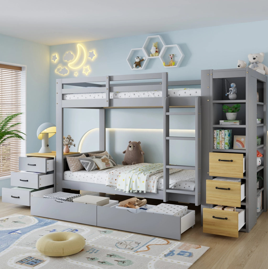 Letto a castello grigio in legno 90x200 cm con cassetti, scaletta e comodino mobile
