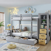 Letto a castello grigio in legno 90x200 cm con cassetti, scaletta e comodino mobile