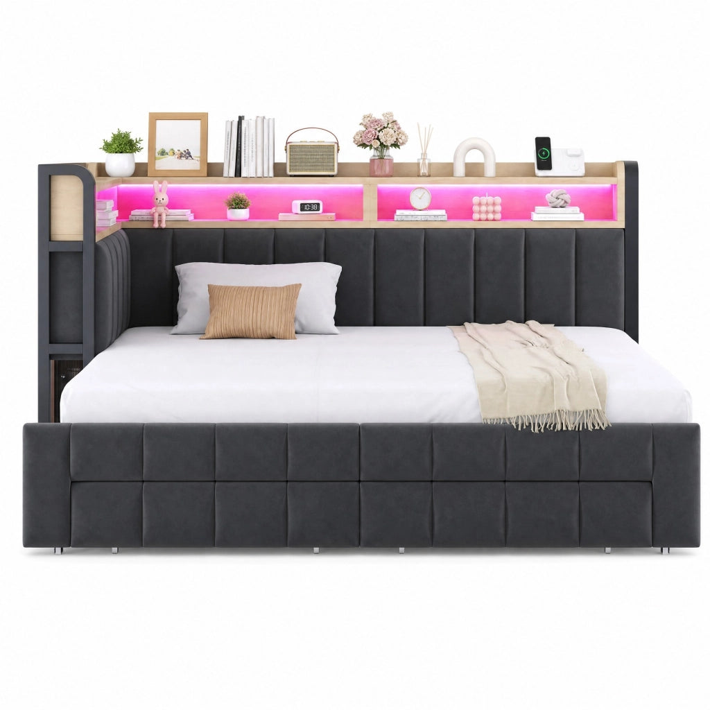 Divano letto imbottito 90x200 trasformabile 180x200, contenitori, cassetti, LED e USB/Type-C