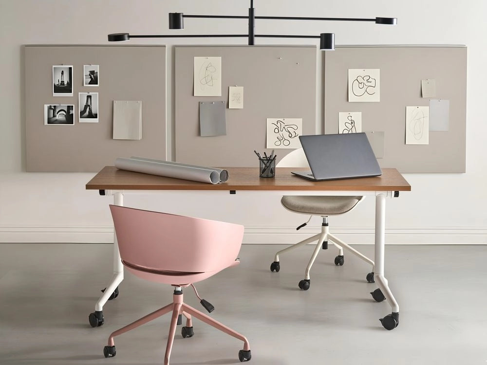 Scrivania rettangolare pieghevole con rotelle portatile con struttura in metallo marrone e bianco 160 x 60 cm stile moderno