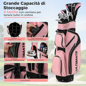 Set Completo di Mazze da Golf da Dona, Include Driver 460CC 1, Fairway 3, Ibrido 4, Ferri 6, 7, 8, 9 e P, Putter, 3 Copri Mazzetta e 1 Borsa per Destrimano