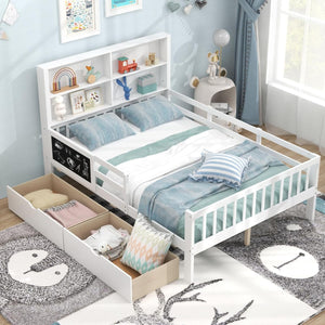 Letto matrimoniale con 2 cassetti, Legno per bambini con libreria e lavagna Bianco-Lettini per bimbi