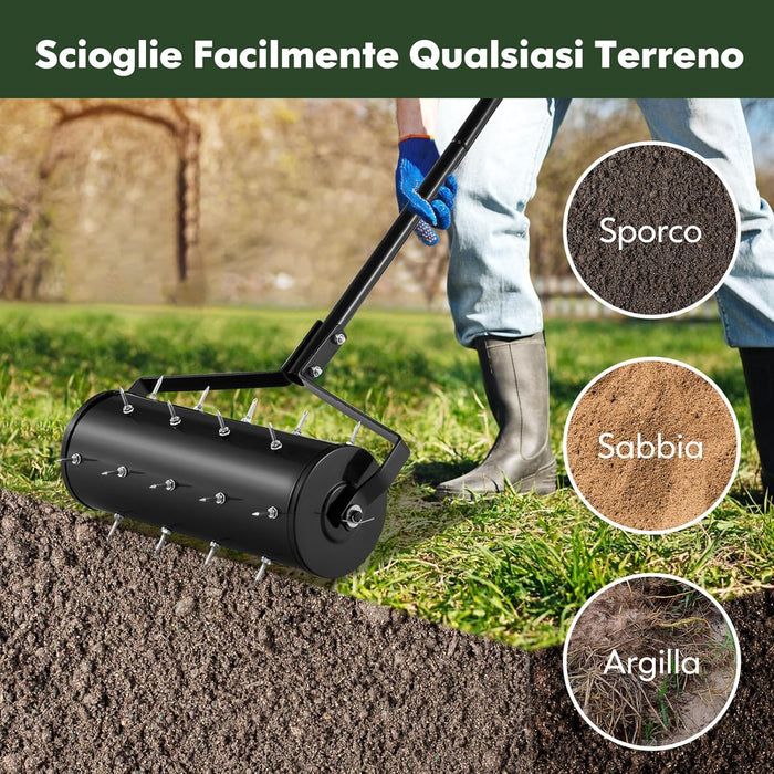 Arieggiatore Giardino 44/53 CM, Arieggiatore da Prato con Manico Rimovibile e Punte per Allentamento del Terreno, Arieggiatore Manuale per Prato, Giardino e Cortile (44 x 128 cm Nero)