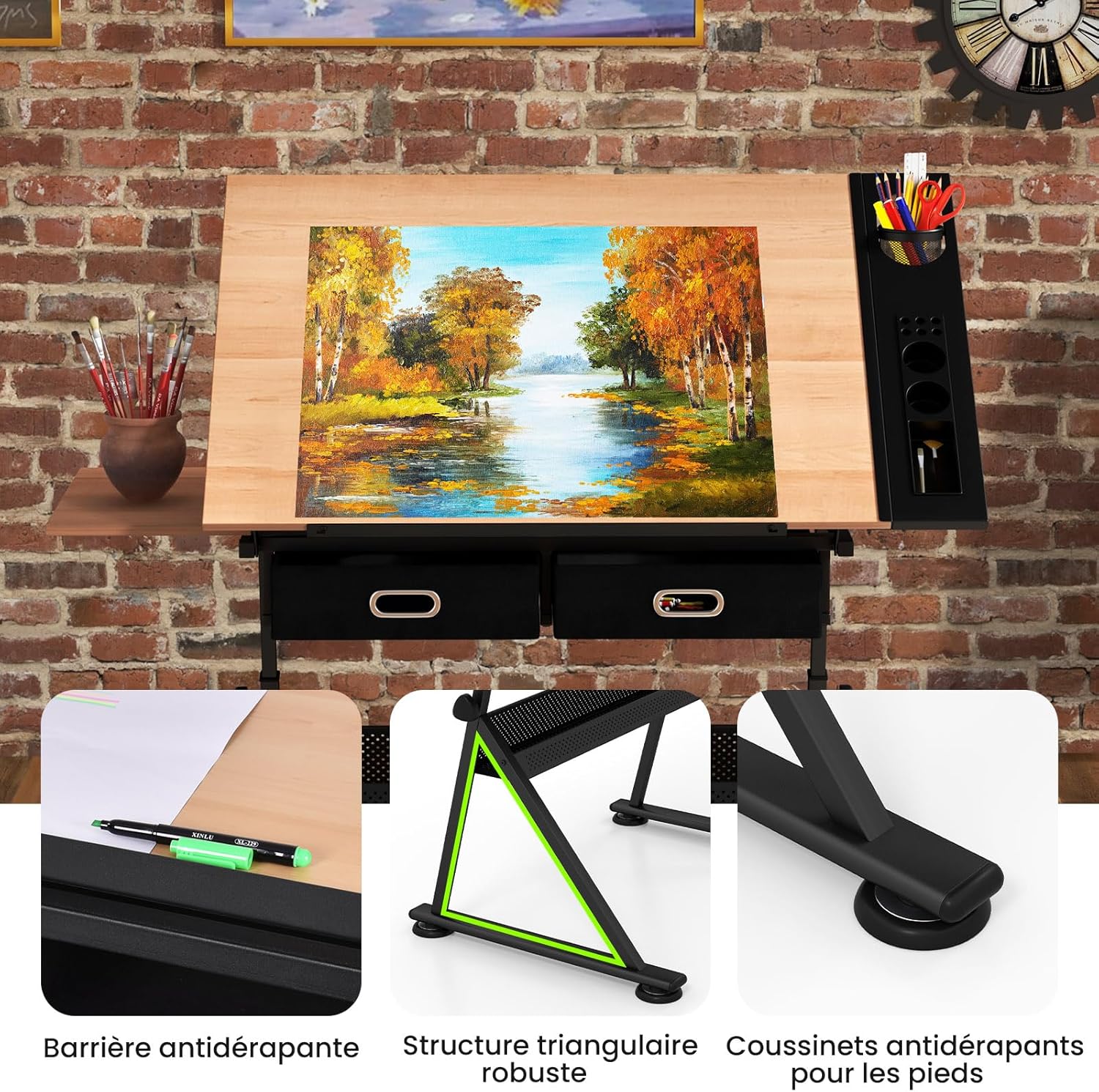 Tavolo da Disegno Scrivania per Arte con Cassetti e Sgabello, Regolabile in Altezza ed inclinabile (naturale)