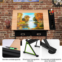 Tavolo da Disegno Scrivania per Arte con Cassetti e Sgabello, Regolabile in Altezza ed inclinabile (naturale)