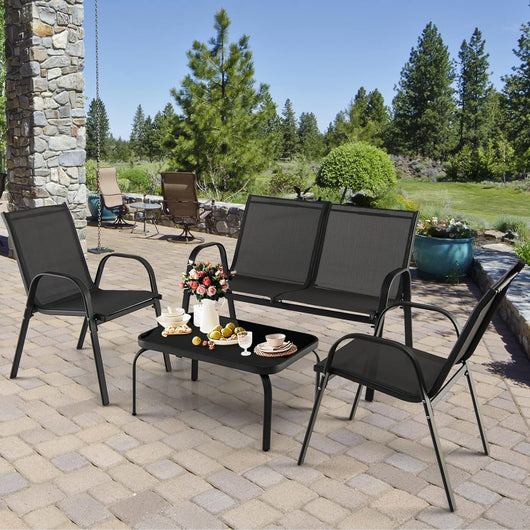 Set Mobili da Giardino da 1 Tavolino in Vetro Temperato 2 Poltrone e 1 Divano a 2 Posti, Moderno Set di Mobili da Giardino per Balcone, Cortile, Piscina, Grigio