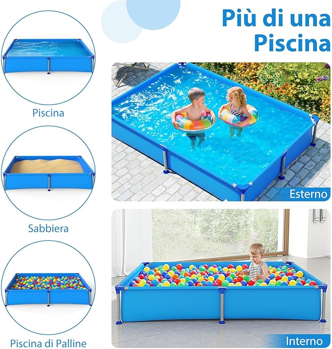 Piscina Fuori Terra, Piscina Pieghevole e Rettangolare da Esterno per Bambini 3+ Anni con Struttura Metallica, Pareti in PVC Robusto, per Cortile, 228 x 159 x 42 cm