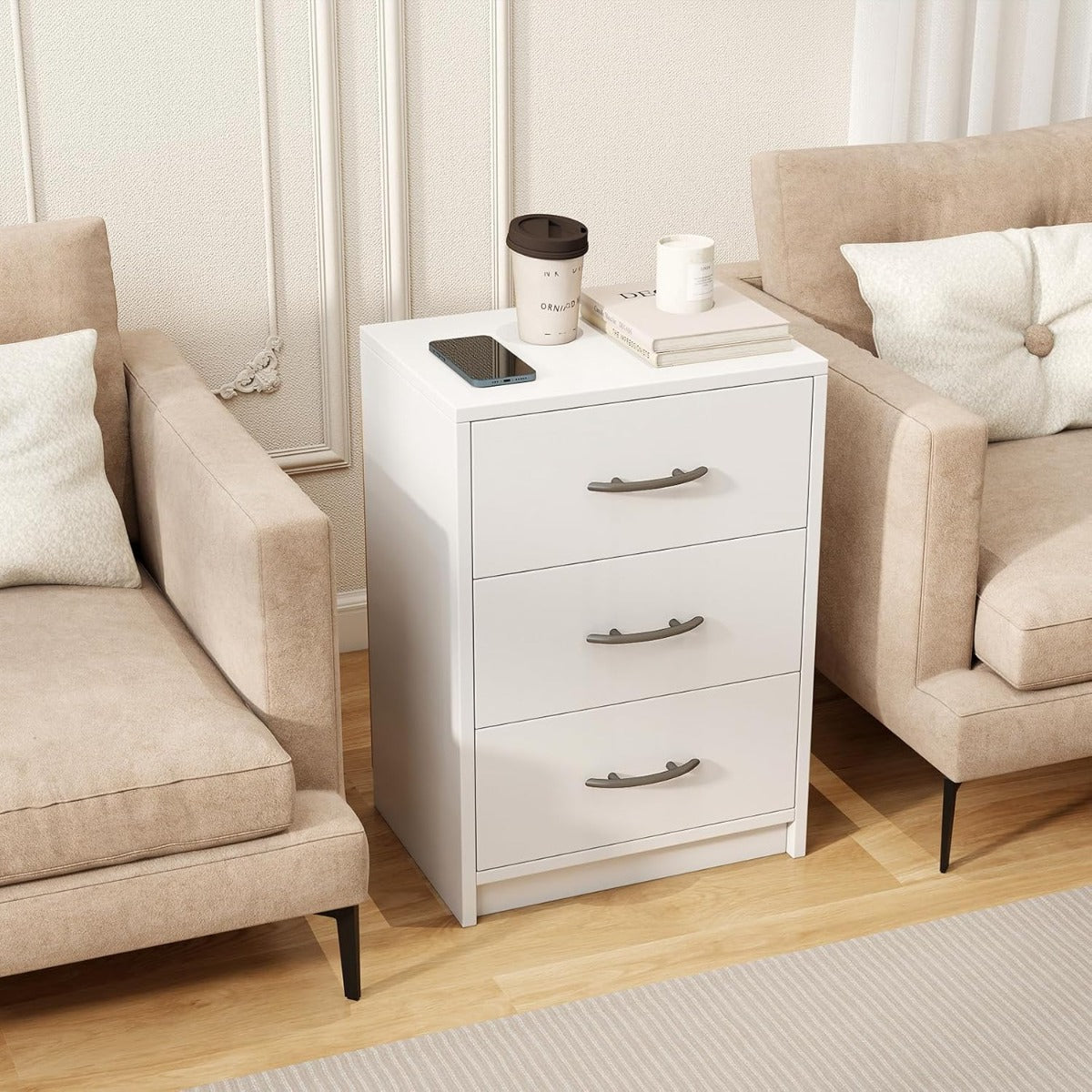 Comodino a 3 cassetti , Comodino compatto da pavimento con kit antiribaltamento Bianco-Comodini