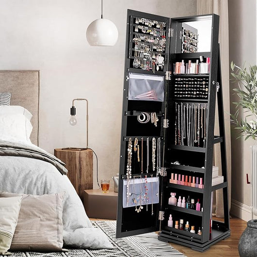 Armadietto Portagioielli Autoportante Girevole con Specchio, Specchio a Figura Intera Organizzatore per Gioielli, Porta Richiudibile a Chiavi, 161x39x39cm (Nero, 39 x 39 x 161 cm)