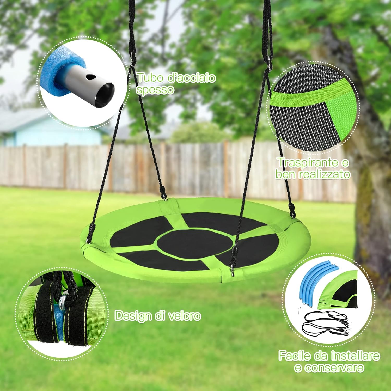 Altalena da Giardino a Nido, Altalena da Giardino per Bambini, con Telaio in Metallo, Regolabile in Altezza: 100-160 cm, Carico Fino a 150 kg (Verde)