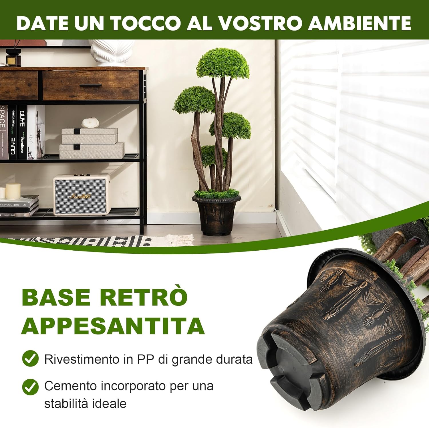 Albero Artificiale 90 CM, Cipresso Finto da Interno ed Esterno con Tronco in Rattan e Vaso Riempito di Cemento, Pianta Artificiale Realistica da Casa, Ingresso e Ufficio