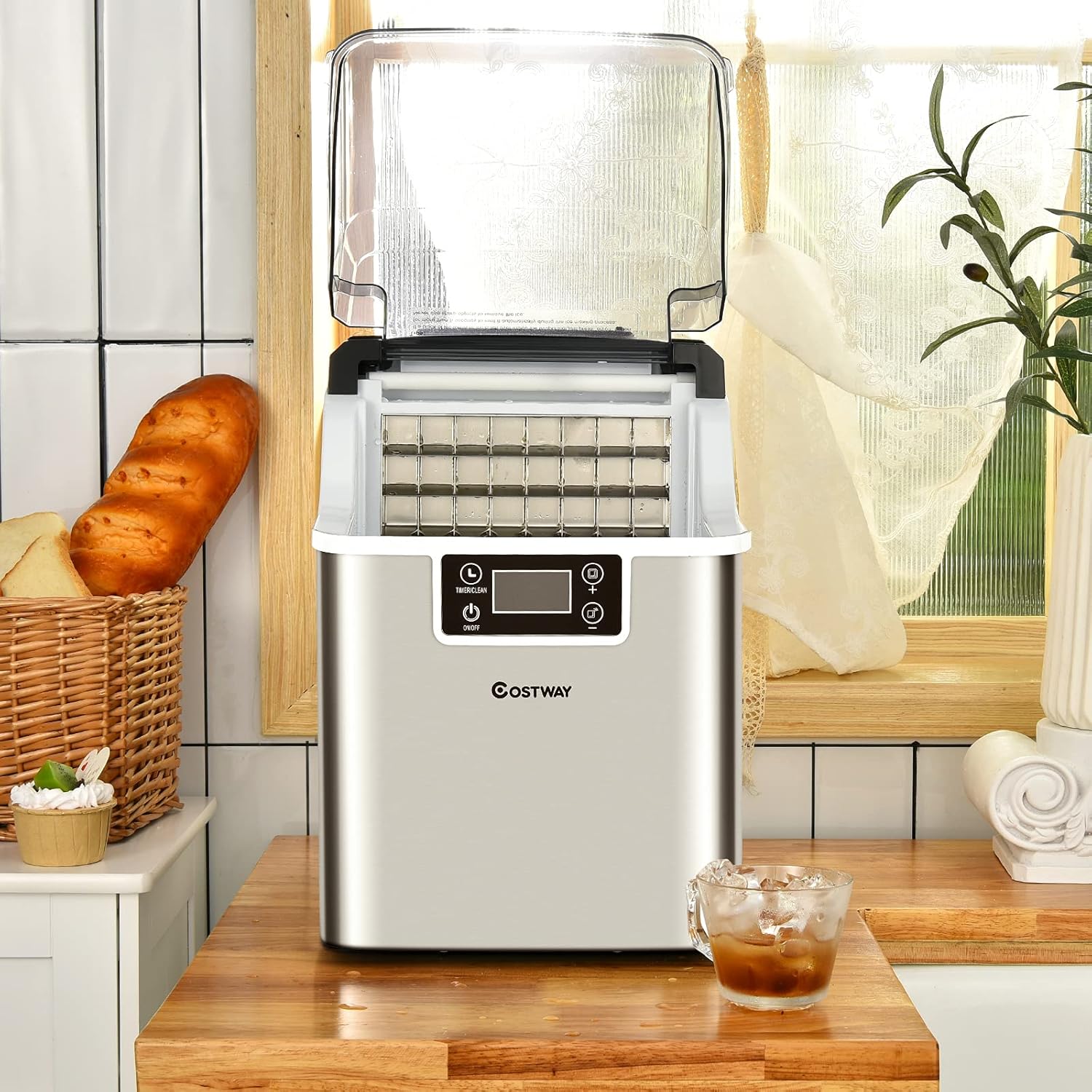 Macchina del Ghiaccio, Macchina del Ghiaccio Elettrica con Superficie Forata, con Cucchiaio Porzionatore, 24 Cubetti /15 Minuti, 3,2 L, Ideale per Casa e Ufficio