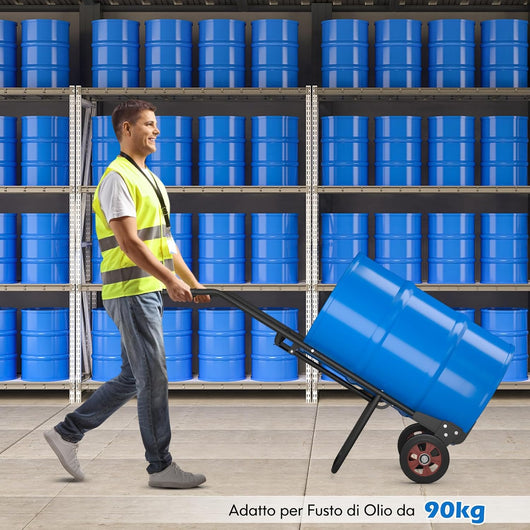 Carrello Porta Fusto, Carrello Porta Fusti con 2 Ruote in Gomma e Impugnature in EVA Ganci a Molla, Capacità di Carico 545 kg