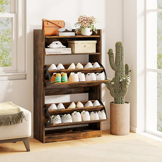 Scarpiera Slim in Legno, Portascarpe a 4 Livelli con 2 Cassetti a Ribalta, con Ripiano Aperto, Mobile Porta Scarpe per Ingresso Corridoio, 60x24x102 cm (Marrone)