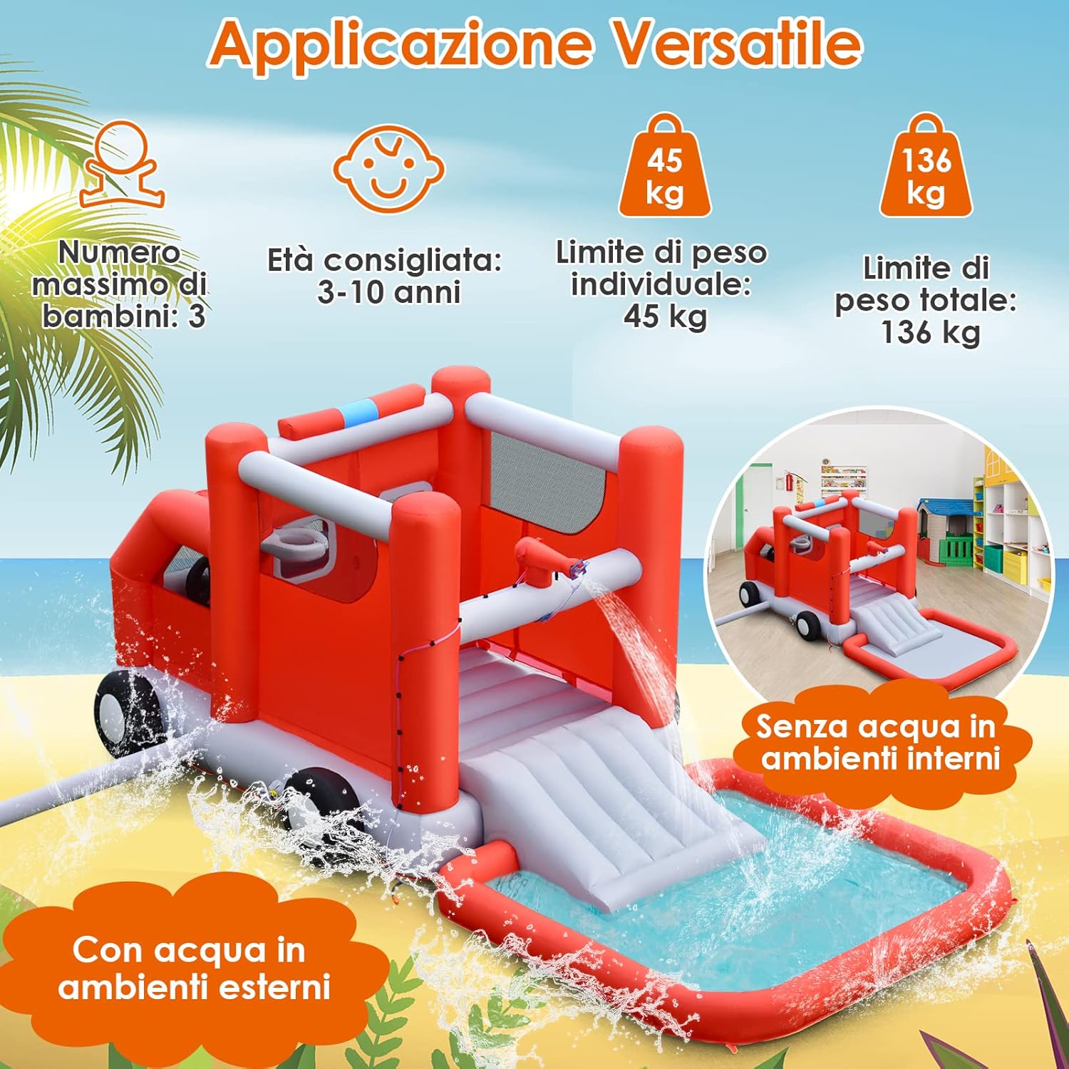 Castello Gonfiabile per Bambini, Casa Gonfiabile con Scivolo, Piscina, Area per Saltare, con Borsa di Trasporto e Kit di Riparazione, per 3 Bambini di 3-10 Anni