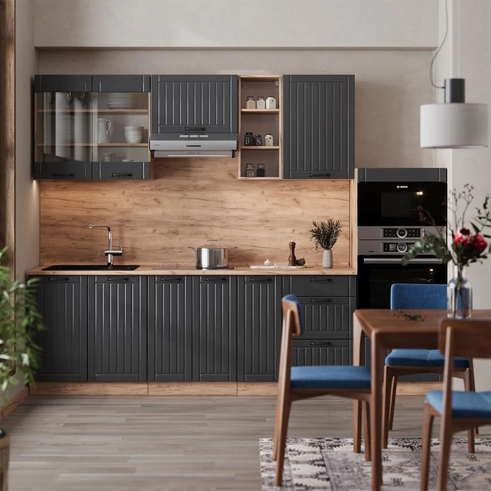 Cucina componibile Fame-Line, Grigio scuro, 280 cm senza piano di lavoro