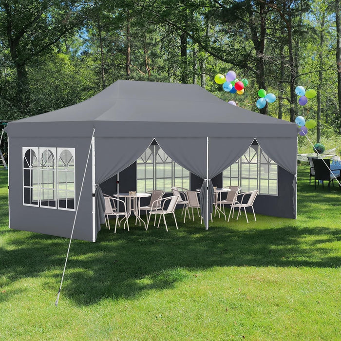 Gazebo da Giardino 3x6m, Gazebo Esterno Resistente Pop Up con 6 Pannelli Laterali e Finestre, 3 Altezze Regolabili, Tenda da Giardino per Matrimoni, Feste, Eventi Commerciali (Grigio)