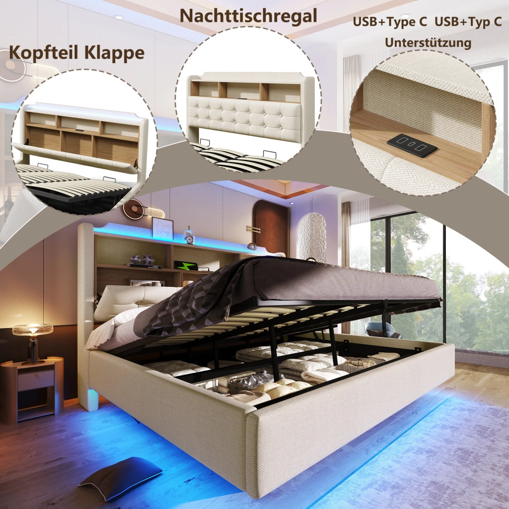 Letto imbottito con LED, contenitore idraulico e USB-C, 180x200 cm, lino beige