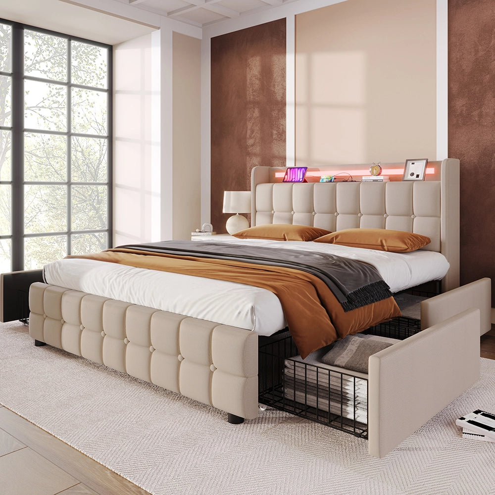 Letto imbottito con testiera e illuminazione LED - Xylo - 160x200 cm - Grigio - USB, 4 cassetti