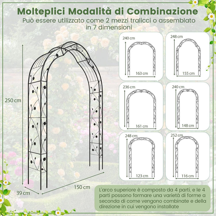 Arco da Giardino con Traliccio 250CM, 2 Mezzi Archi Trasformabili in Varie Forme, Pergolato in Metallo per Piante Rampicanti e Rose Viti, Decorazioni da Giardino per Matrimoniali