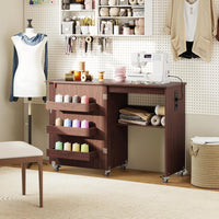 Mobile per Macchina da Cucire Pieghevole, Tavolo da Cucito con Stazione di Ricarica, Ruote Bloccabili, Ripiano e Contenitori (Marrone Scuro, 116 x 41 x 78 cm)