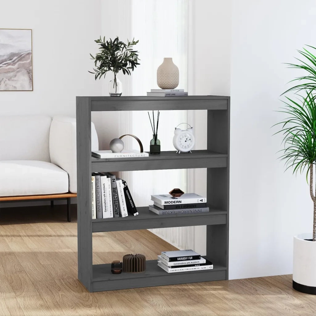 Libreria Divisorio-Scaffale per Libri-Mobile di Stoccaggio Grigio 80x30x103,5 cm in Massello di Pino